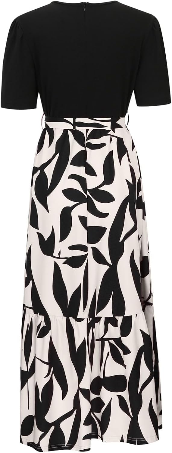 Boho Floral Maxi Dress for Women 2025 Summer Flowy Short Sleeve Empire Waist Long Sundress with Belt Vacation Dresses