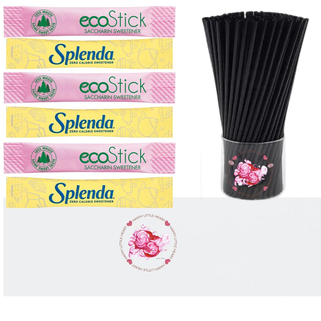 Deluxe Variety Pack: 150 Stick Packets of Sucralose & Saccharin Packaged by Happy Little Heart - Sweeten Your Life with Style! Includes 50 Coffee Stirrers (200 Count)