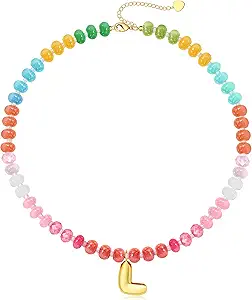 Initial Necklaces for Women, Beaded Necklaces for Women with Bubble Necklace Letter Stocking Stuffers for Teens Trendy Stuff Colorful Gemstone Choker 14k Gold Letter A-Z Pendant Summer Beach Christmas Birthday Jewelry for Her Girlfriend Sister