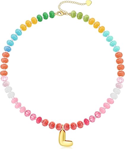 Initial Necklaces for Women, Beaded Necklaces for Women with Bubble Necklace Letter Stocking Stuffers for Teens Trendy Stuff Colorful Gemstone Choker 14k Gold Letter A-Z Pendant Summer Beach Christmas Birthday Jewelry for Her Girlfriend Sister