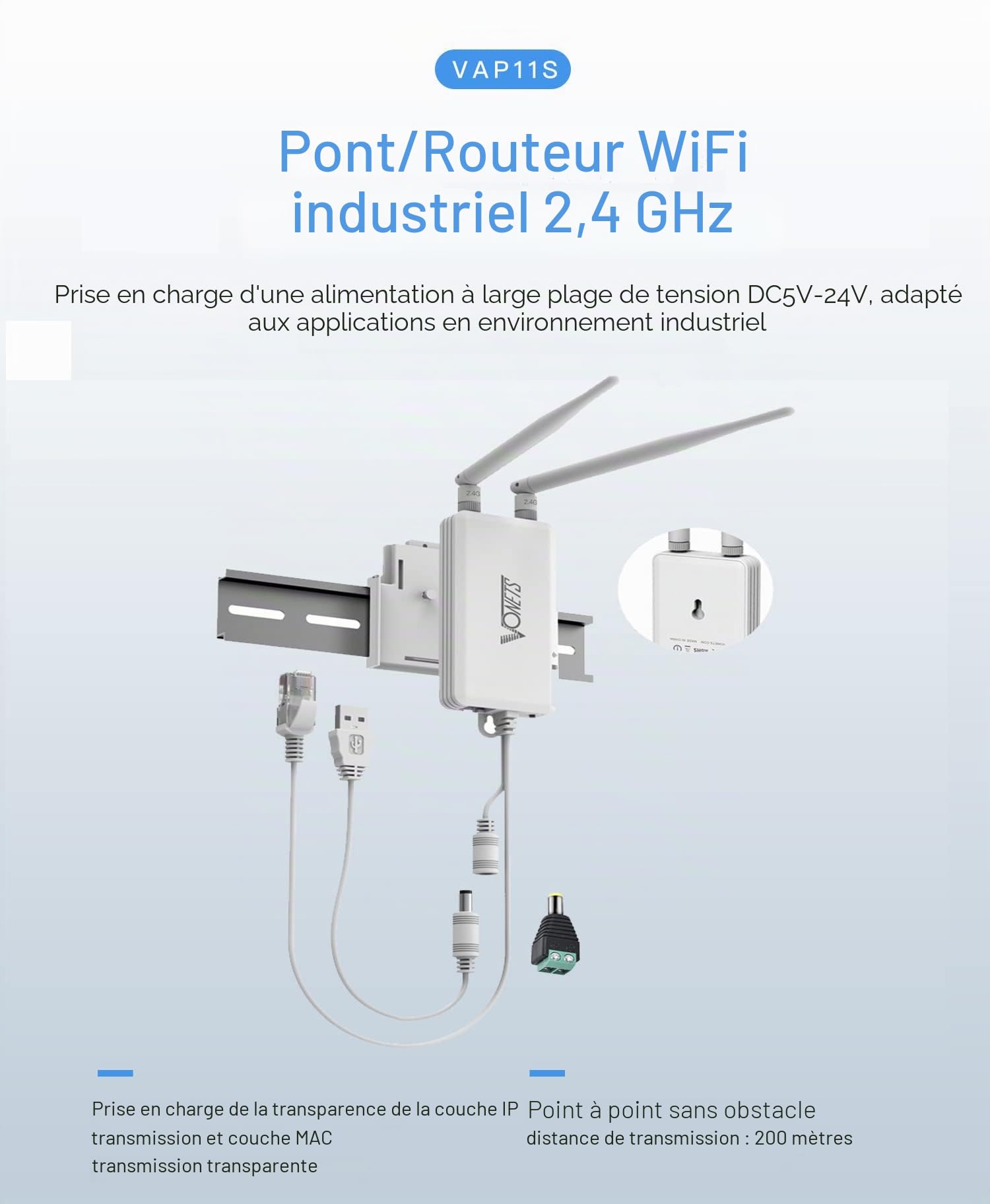 VONETS 2,4GHz WiFi Bridge Ethernet Répéteur sans Fil/Mini Routeur/Adaptateur RJ45 de Signal Hotspot, Alimentation DC/USB pour DVR, Caméra IP, PLC Industriel, AGV, PS3, Périphériques Réseau VAP11S
