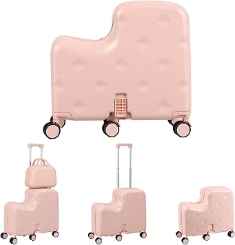 Ride on Luggage with Portable Bag for Kids Detachable Small Ride-on Travel Suitcase with Hidden Cup Holder Hard Shell Kids Luggage with Foldable Footrest & 6 Spinner Wheels, Fun Scooter Suitcase Pink