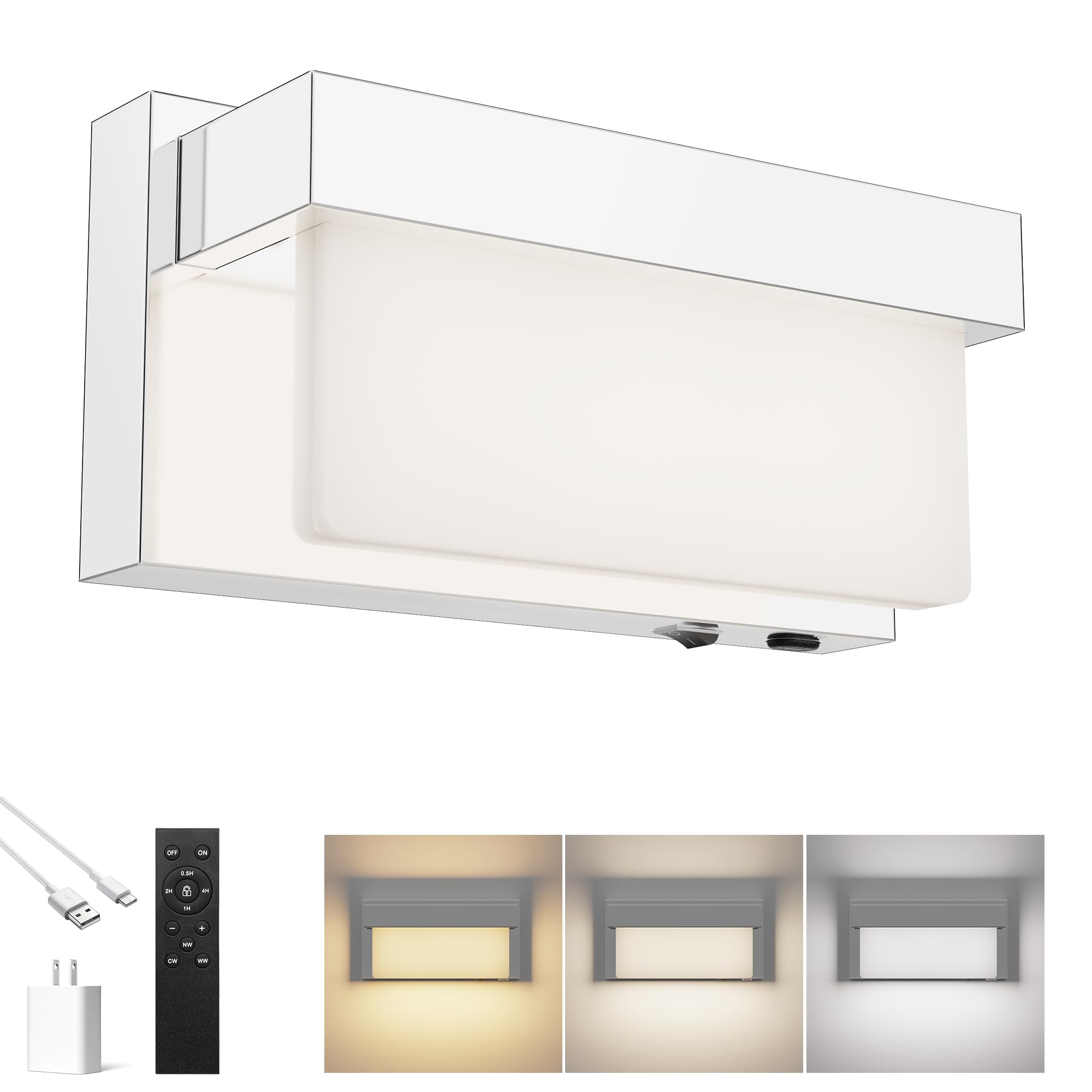 Battery Wall Sconce Chrome Wall Light with On/Off Switch 8 inch LED Wall Lamp Acrylic Lampshade 3CCT Sconce Wall Lighting
