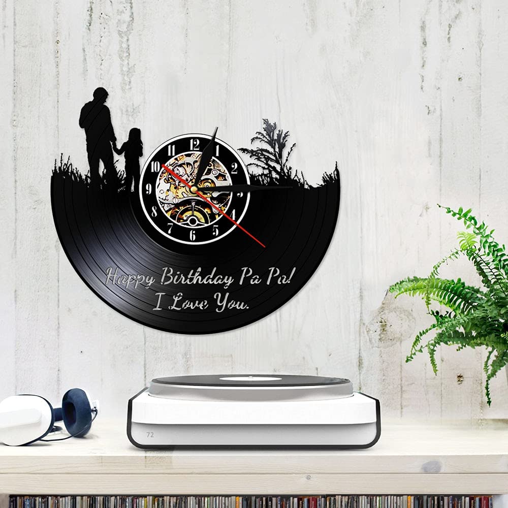 ELD 30cm Happy Hirthday Day Papa Clocks Wall Home Decor Ti Amo con la Luce Disco in Vinile Reloj Pared Modern Black Hanging 3D Grande con 7 Colori Cambia Regali per Gli Amici Luci della Lampada