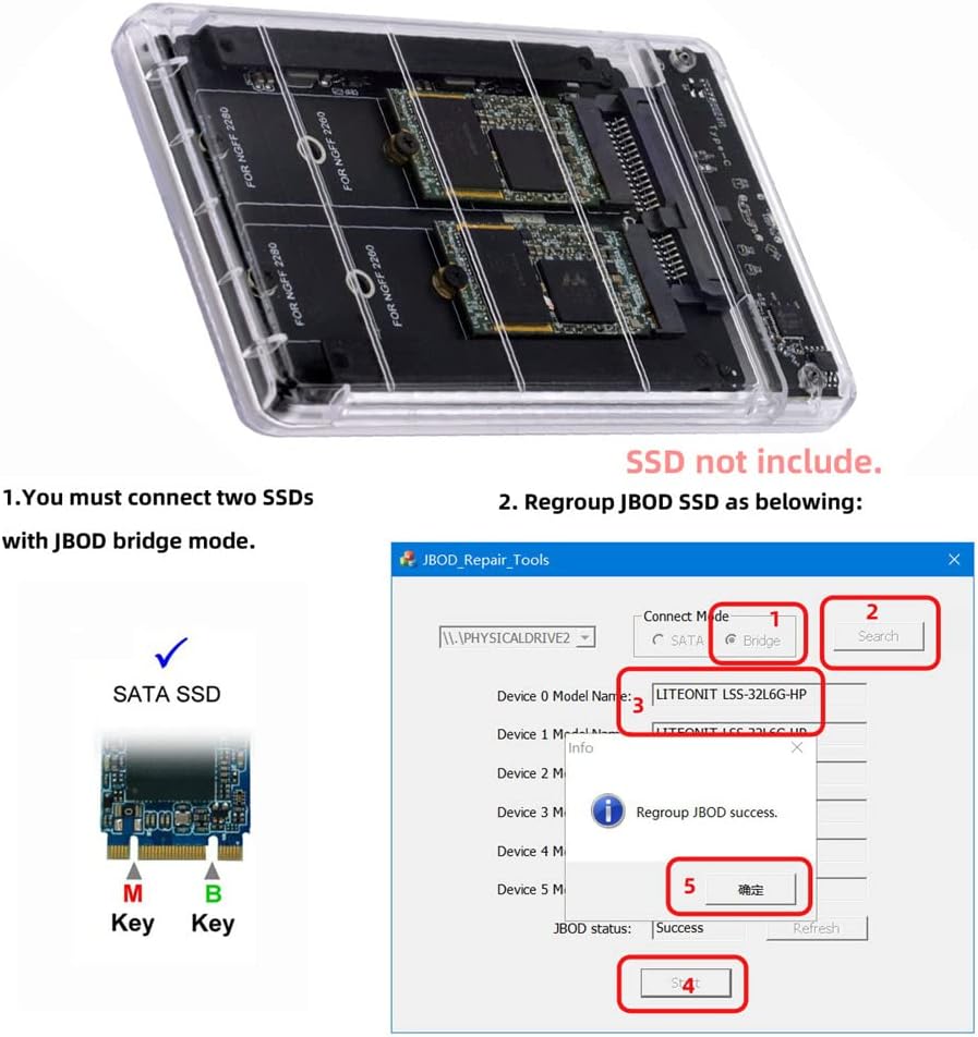 NFHK Dual NGFF B+M-Key M.2 SSD Card JOBD Raid0 Span Bridge to USB3.0 Type-C USB-C 2.5inch SATA Combo Enclosure
