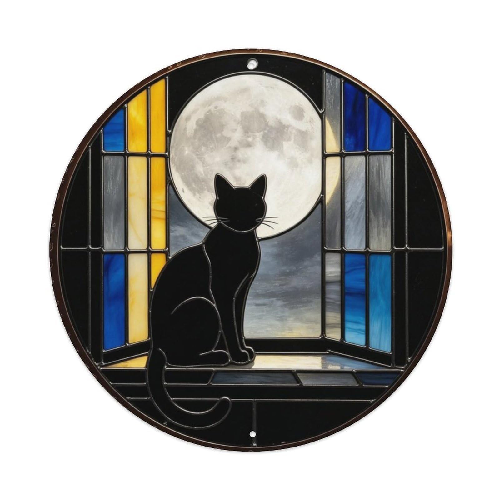 Black Cat on Windowsill Full Moon Stained Glass Metal Tin Sign Plaque