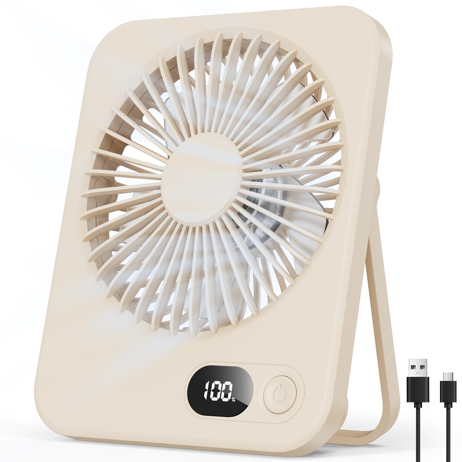 Ventilador de Escritorio Ultra delgado 3,8cm, 5 Velocidades, Orientación 180°, Pantalla LED, Batería 3000mAh hasta 8h, Recargable por USB, para Oficina Viajes y Maquillaje, Amarillo