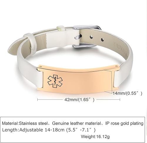 Miniatura 5 de MPRAINBOW Pulsera de alerta médica personalizada para mujer, correa de reloj de cuero genuino, grabado de doble cara, diabetes, epilepsia, joyería