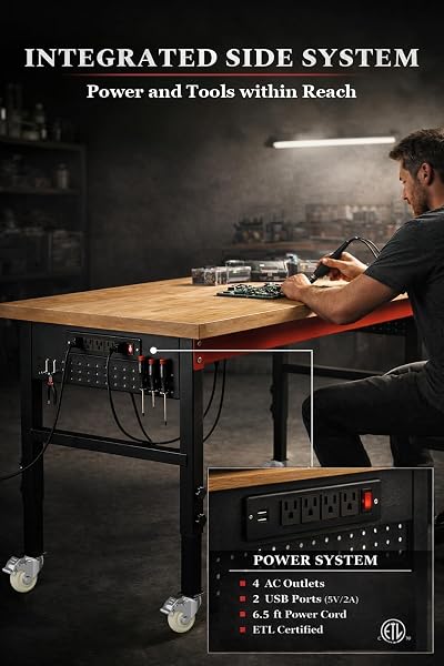 70" Heavy Duty Workbench, 2500 LBS Load Capacity Work Bench with 1.2" Laminated Oak Wood Top & Reinforced Steel Frame, Adjustable Height Work Table for Garage, Workshop, Office, Home (Casters) - 5