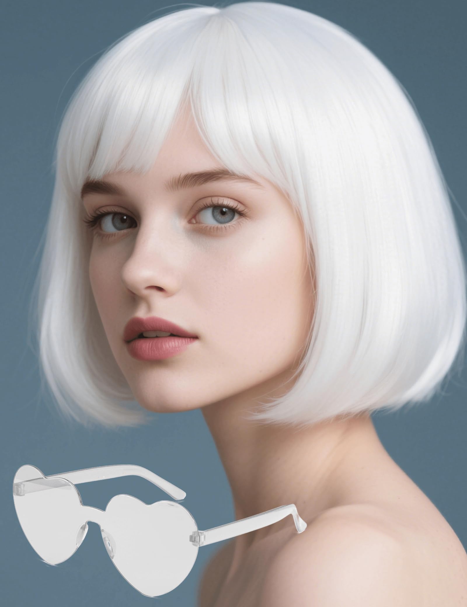 FSLLZCJY White Bob Wig with Heart Sunglasses - Heat-Resistant, Synthetic Fiber, Adjustable and Natural Looking