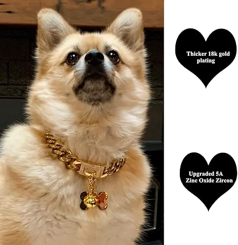 Miniatura 7 de Collar de cadena de oro para perro, collar de cadena de eslabones cubanos de 18 quilates con etiqueta de identificación de perro y campana de 0.591