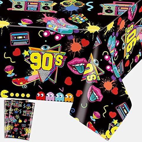 90s Party Table Cloth, Pack of 2 Disposable Plastic Back to the 90s Table Cover Decorations, 108*54 Inch Thin Waterproof Tablecloth Decor for Hip Hop Rock Throwback Theme Birthday Anniversary Holiday Cover
