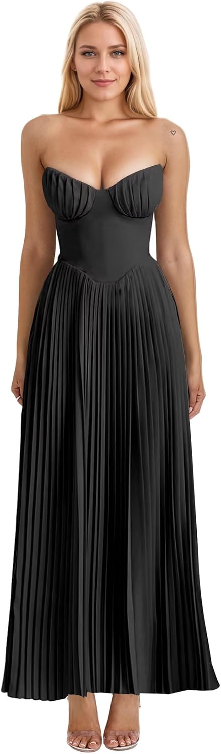 Strapless Corset Prom Dress 2026 A Line Ruched Bridesmaid Dresses Chiffon Wedding Guest Gown for Women