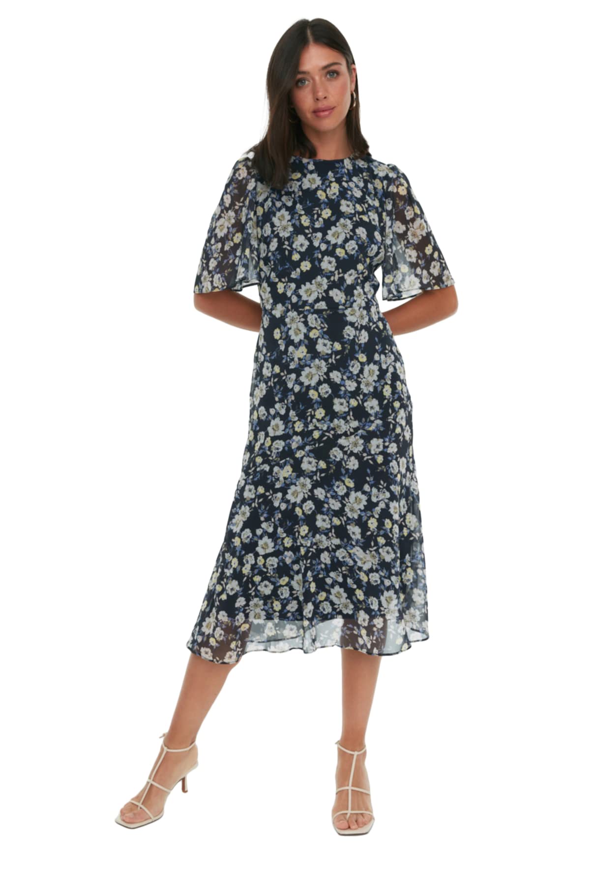 Trendyol Damen Navy Blumenmuster Dress A-Linie, 38