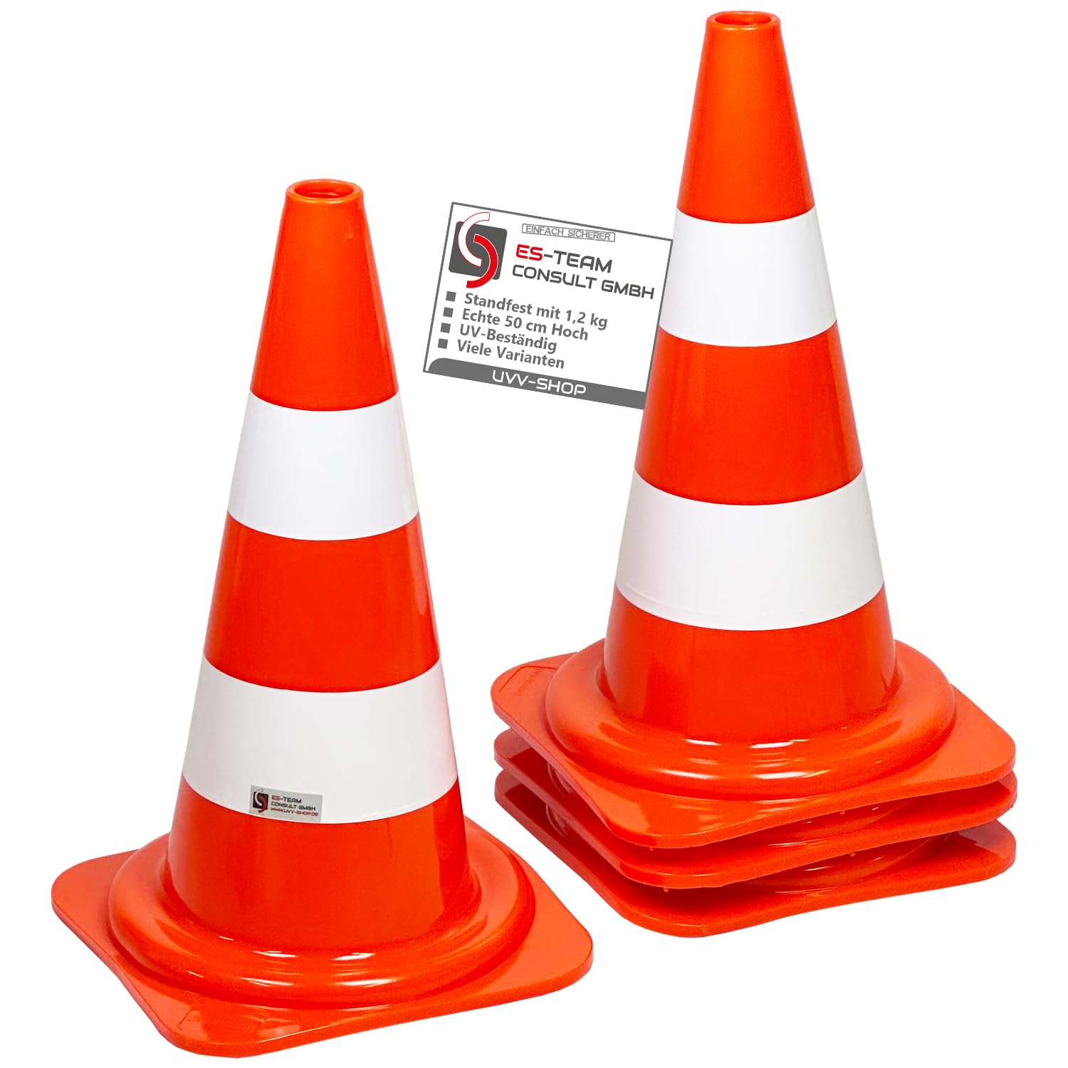 UvV 4 x 50 cm Leitkegel Warnleitkegel Pylon 1,2 kg schwer 500 mm Verkehrshütchen Kegel Orange mit 2 weissen Streifen (Folie) stapelbar Hergestellt in Delbrück (Orange-Weiss)