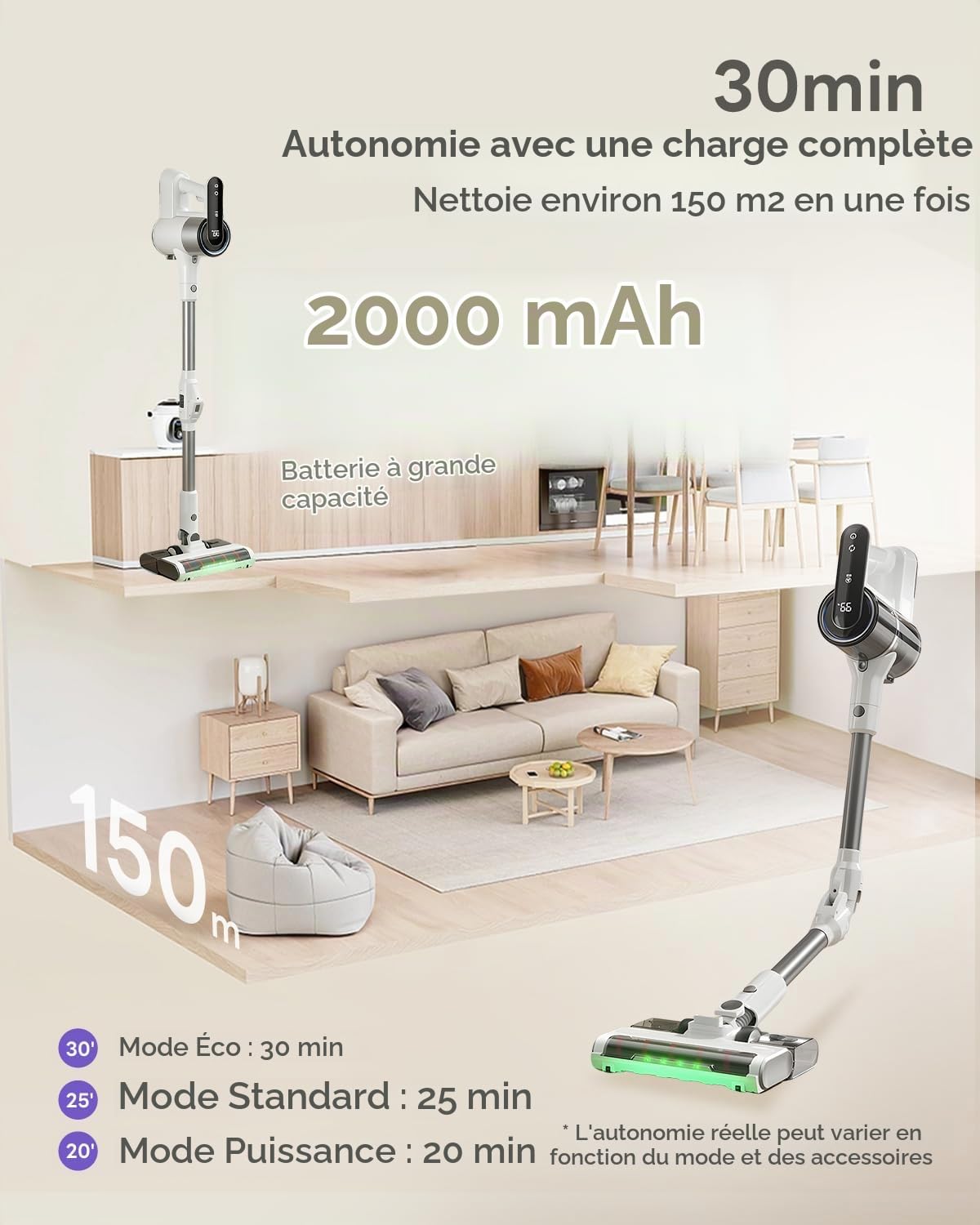 Aspirateur Balai Sans Fil, 15 000 Pa/40 000 RPM/30 Min, Aspirateur Laveur Autoportante avec Tube Pliable, Lumière Verte, Filtration Anti-Allergènes, pour Poils d'Animaux, Tapis, Sols Durs, Voiture