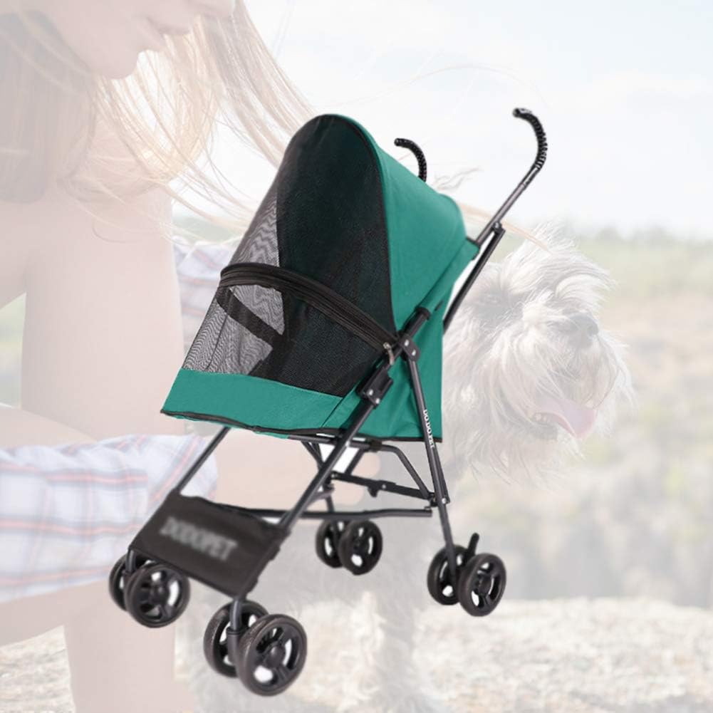 Pet Four-Wheeled Trolley Cats Dogs Carts Shockproof Stroller Adjustable Direction Suitable for Travel Black (Green)