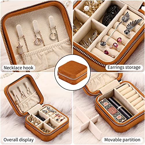 Image of Plush Velvet Travel Jewelry Case Organizer, Small Portable Display Storage Box For Rings, Earrings, Necklaces, Gift for Mother Mom, Girl, Daughter, Sisters, Bridesmaids, Mother's Day Gift (Caramel)
