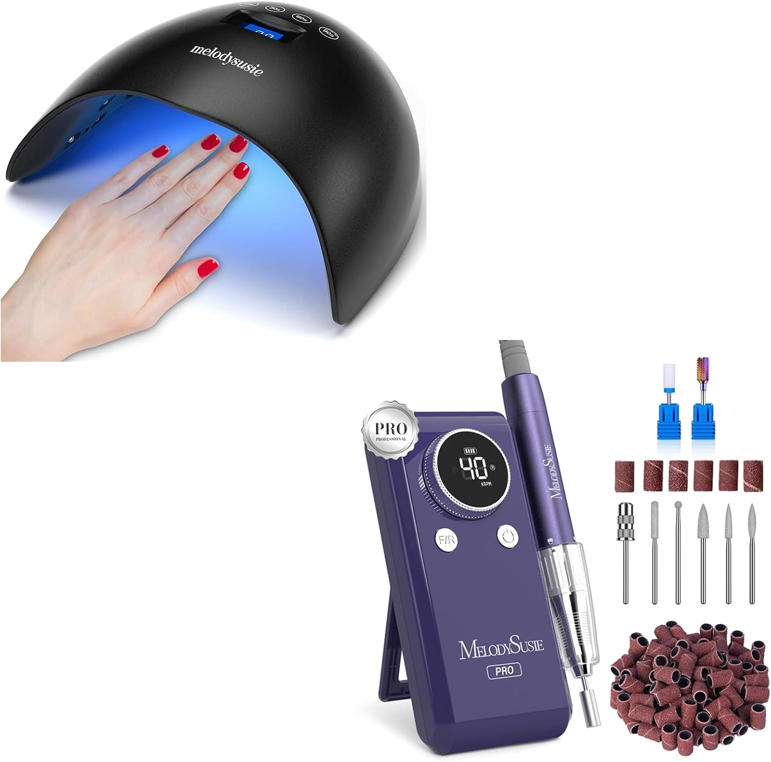 MelodySusie 48W LED UV Nail Lamp - Black & MelodySusie Professional 2 in 1 Nail Drill Kit 40,000 RPM, MB420G Purple