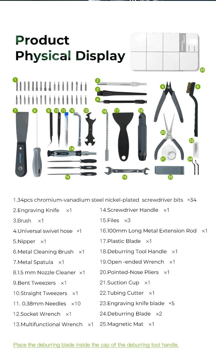 Creality Verbessertes 3D-Drucker-Werkzeug-Set Pro, 74-teilig, inklusive Entgratwerkzeug, Düsenreinigungswerkzeuge, Kunstmesser-Set, Rohrschneider, Aufbewahrungstasche, geeignet für 3D-Druckentfernung