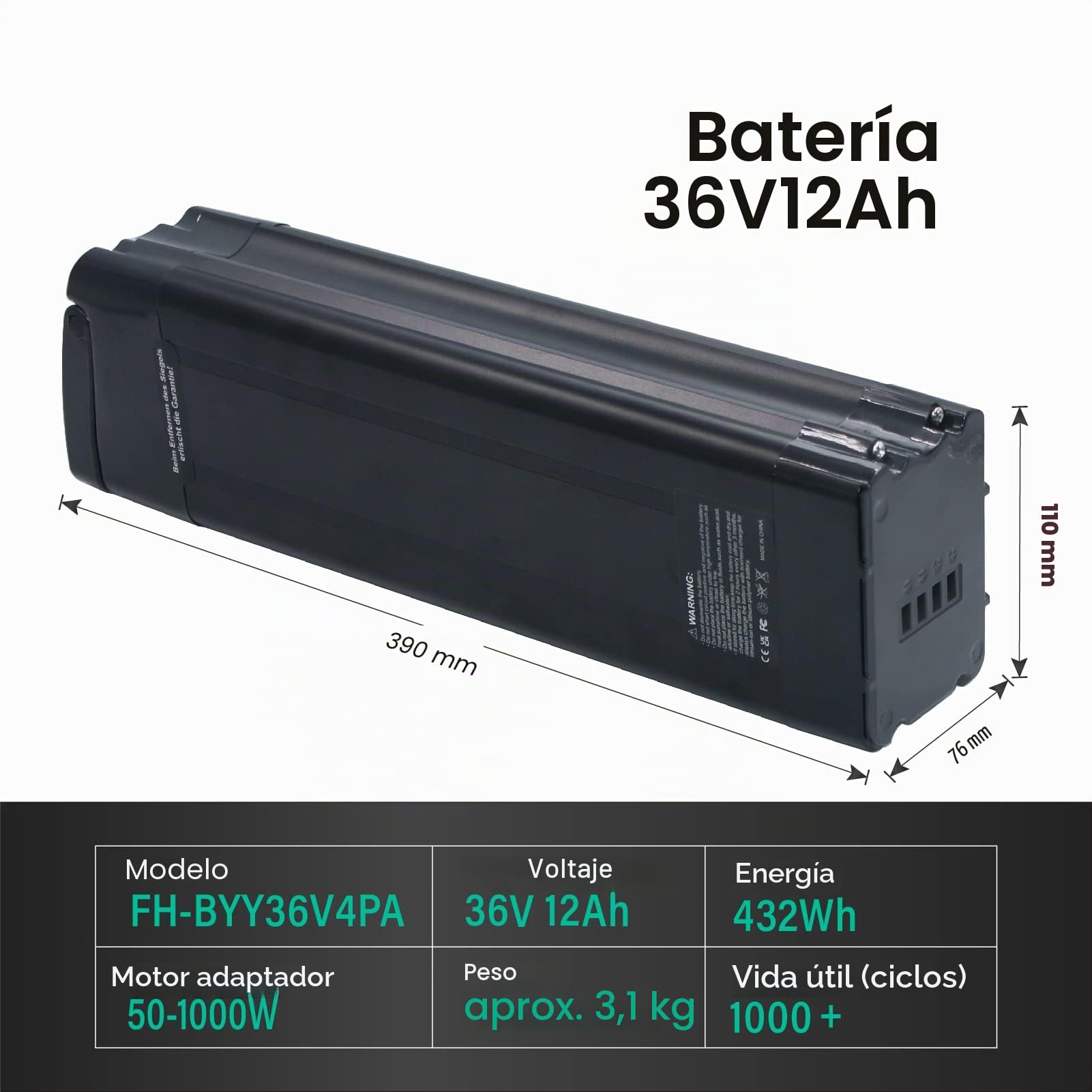 Con cargador de 36 V, 12 Ah, batería de ion de litio, forma Whitebait para Aldi Prophete MiFa Trio Samsung Zhenlong Phylion UVM.