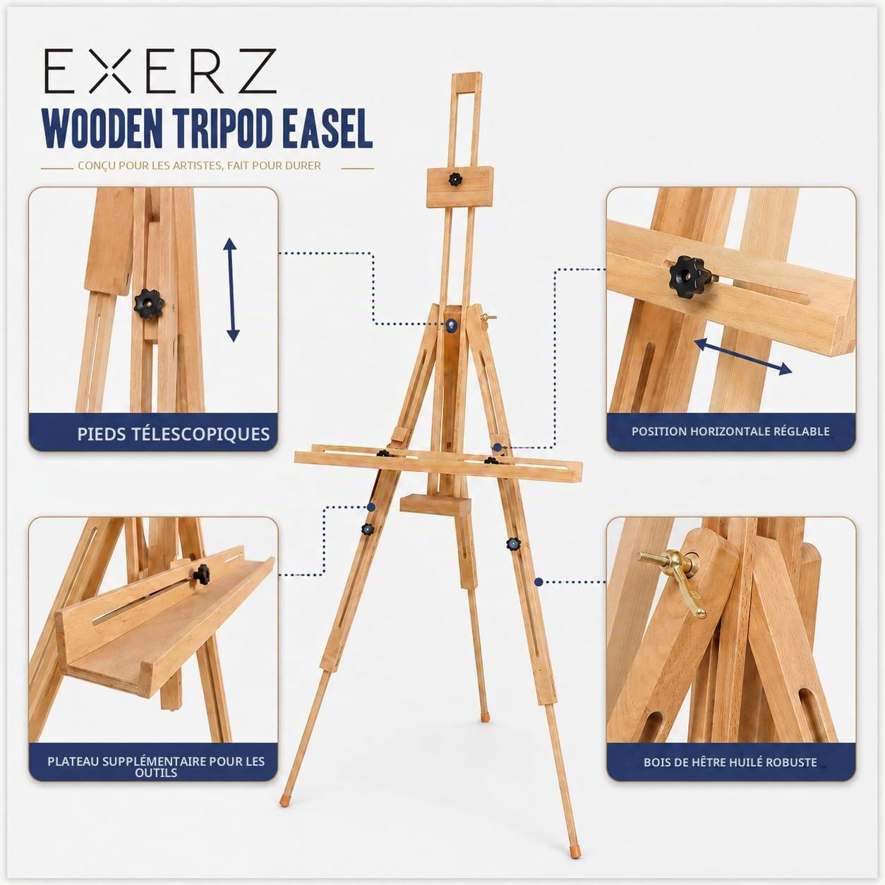 EXERZ Chevalet Trépied En Bois Hêtre Bois Pliable Artiste Toile Support