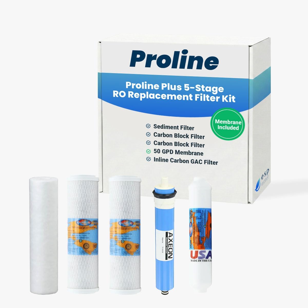 Proline Plus Filter Replacement - Water Cartridge Kit Compatible with Proline Plus Reverse Osmosis System 5-Stages, Includes 50 GPD RO Membrane, Made in USA