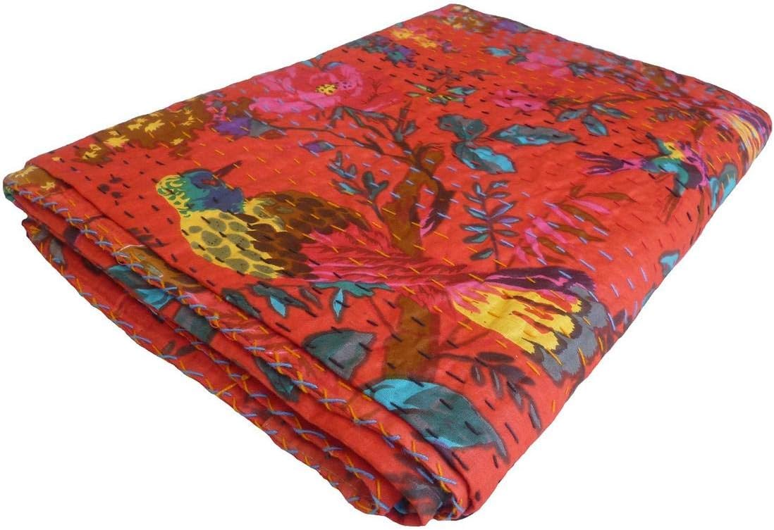 Bird Print Queen Kantha Quilt Twin Throw Blanket Bedpsread Indian Throw Vintage Quilt 90X60 Inch, Red
