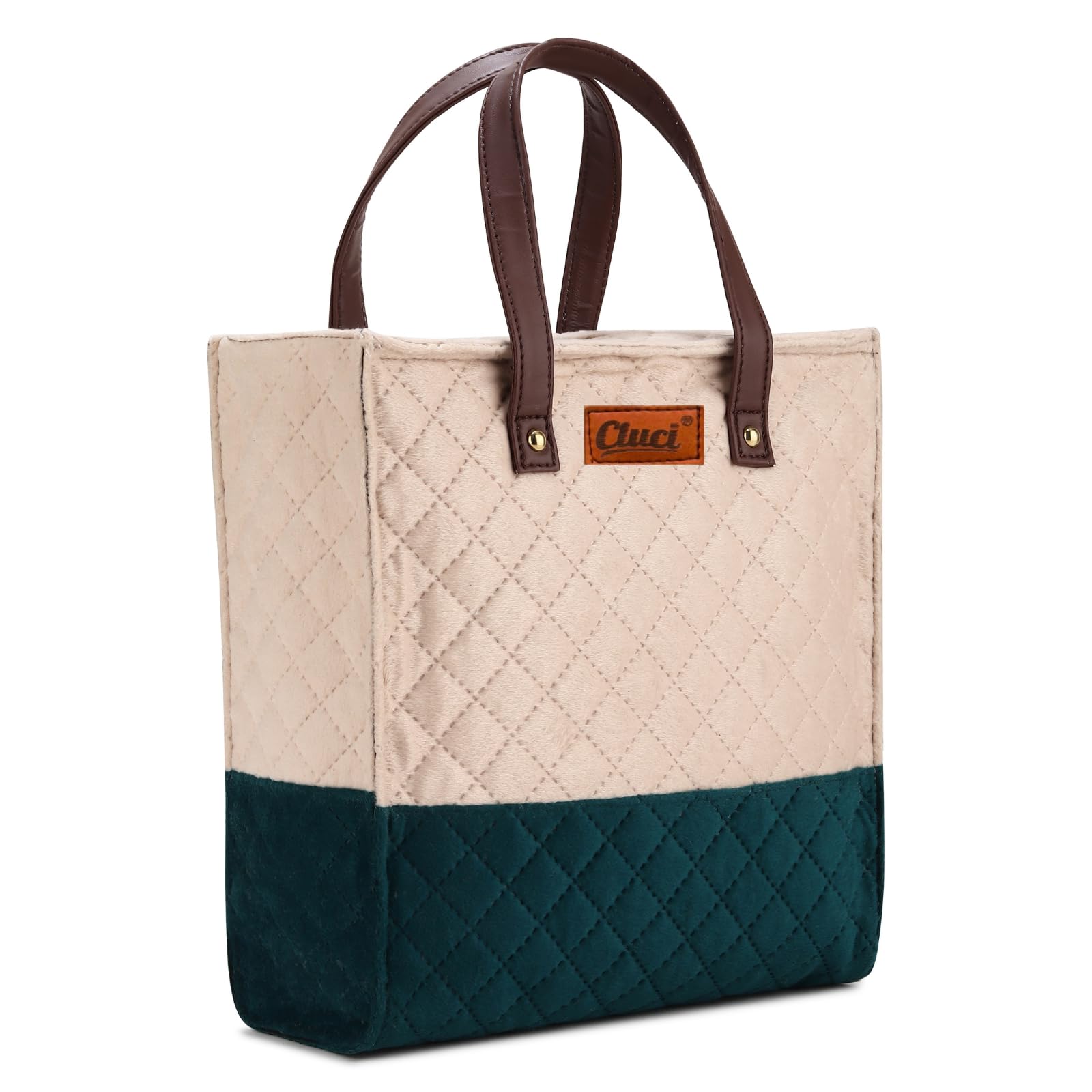 by CLUCI Quilted Two-Tone Lunch Bag,Velvet with Brown Leather Handles| Waterproof Lining, Ideal for Men and Womens Office Tiffin | Stylish & Durable Design (Cream & Green)-image-25