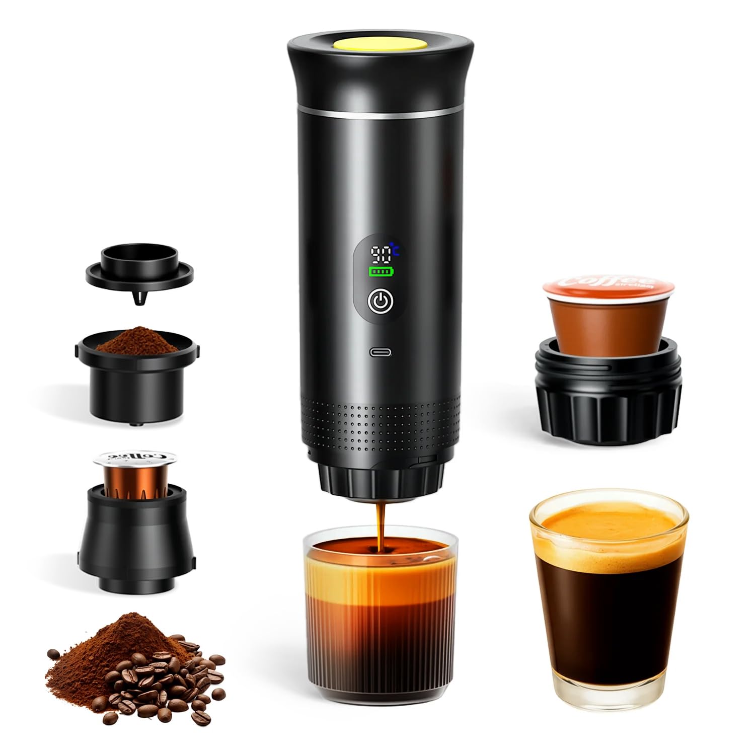 Tragbare Espressomaschine 3-in-1, Mini Kaffeemaschine mit Akku & Selbstheizung, Portable Espresso Machine USB Wiederaufladbar, Kompatibel mit Kapseln Gemahlenem Kaffee, fürAuto, Camping, Reisen & Büro