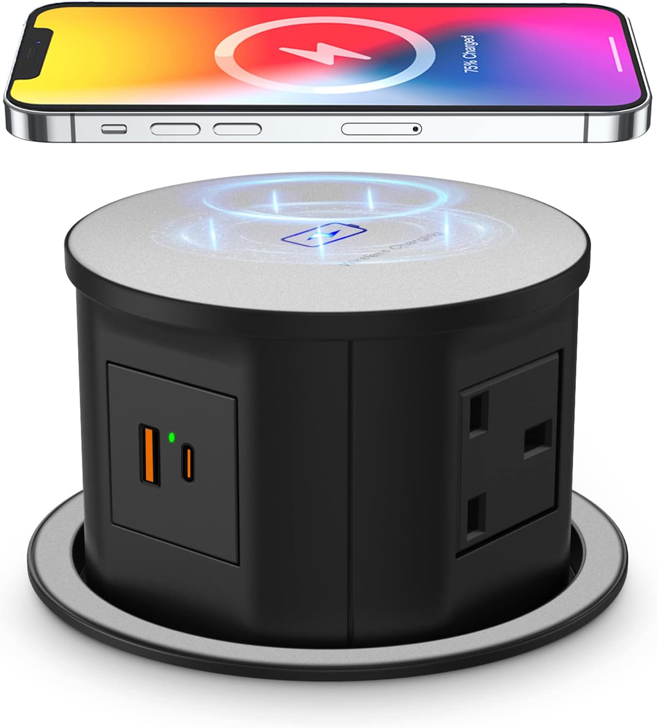Automatic Pop up Power Socket with 15W Wireless Charger,Pop up Plug Extension Socket Safe with PD 20W Type C Port,4 Way Outlets Tower Extension Lead,4.7'' Hole Pop Up Outlet for Kitchen Worktops