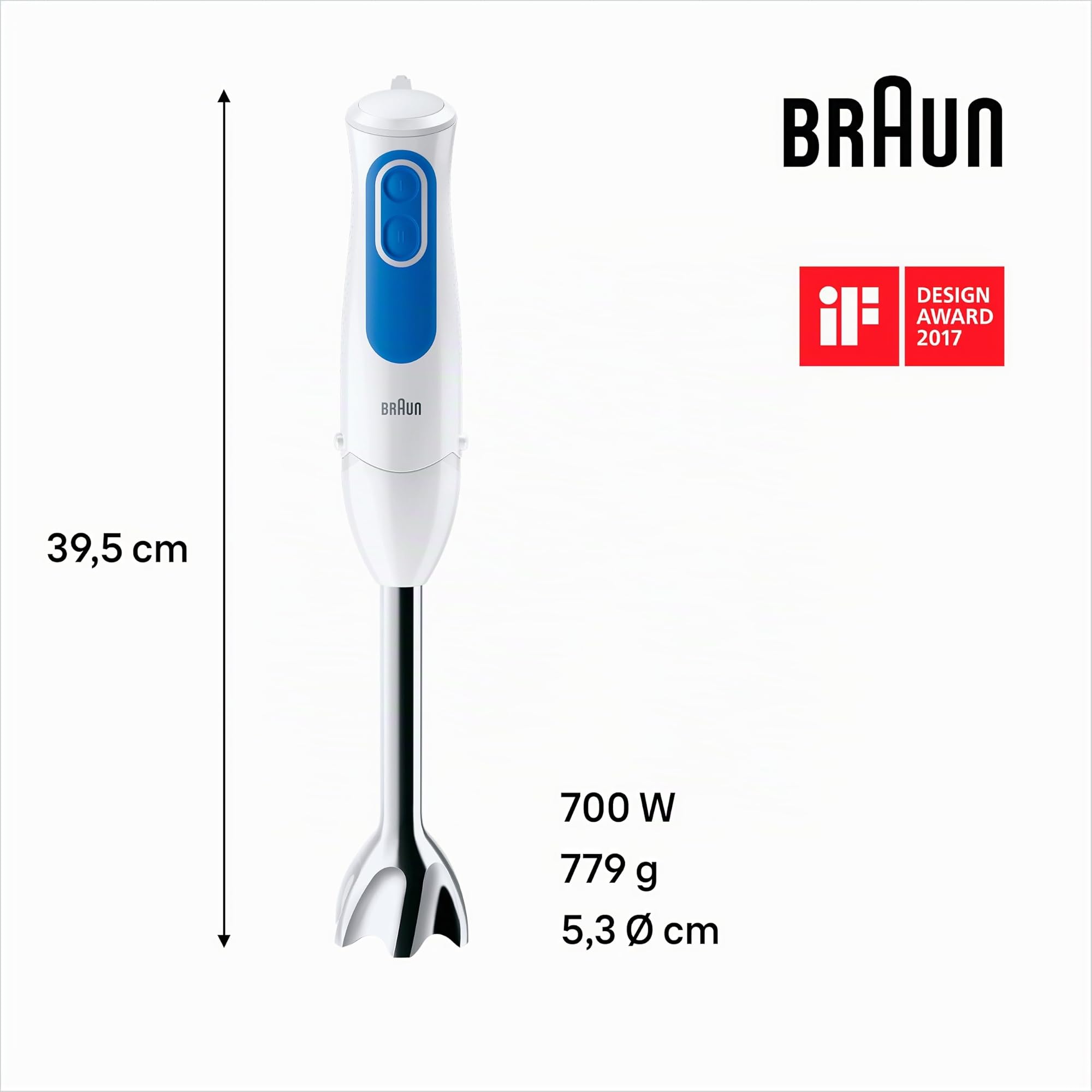 Braun Multiquick 3 MQ 3000 Smoothie Plus Minipimer Frullatore ad Immersione, Mixer con Bicchiere 600ml, 2 Velocità, 700 W, Plastica, Bianco/Blu