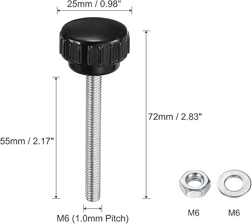 Miniatura 409 de uxcell Juego de 4 perillas moleteadas, tornillos de pulgar con tuercas y arandelas, rosca macho métrica M6 x 1.378 in, cabeza de plástico de 0.984