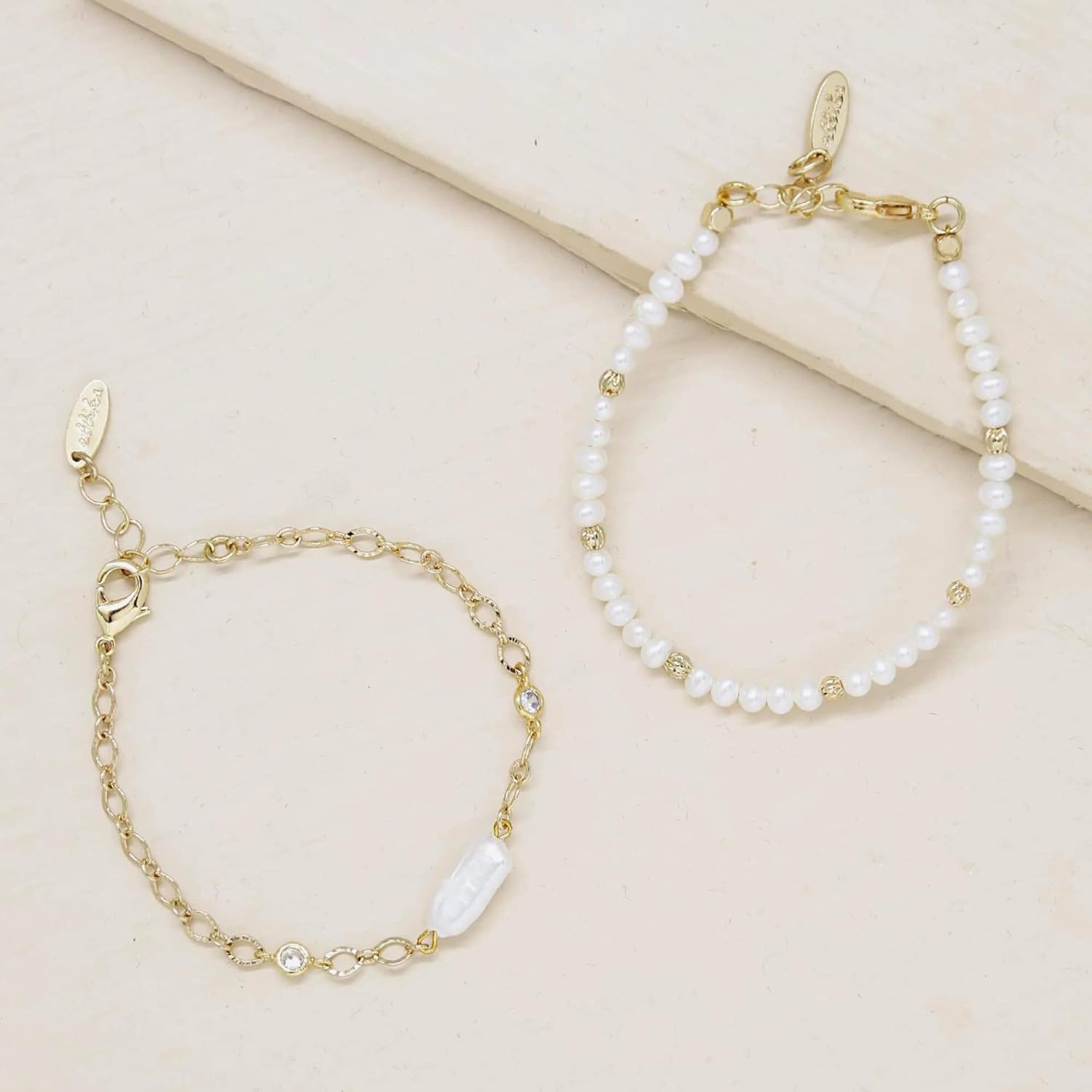 Ettika Gold Bracelets, Pearl Bracelet. Pretty in Freshwater Pearls 18k Gold Plated and Cubic Zirconia Bracelet Set of 2. Jewelry