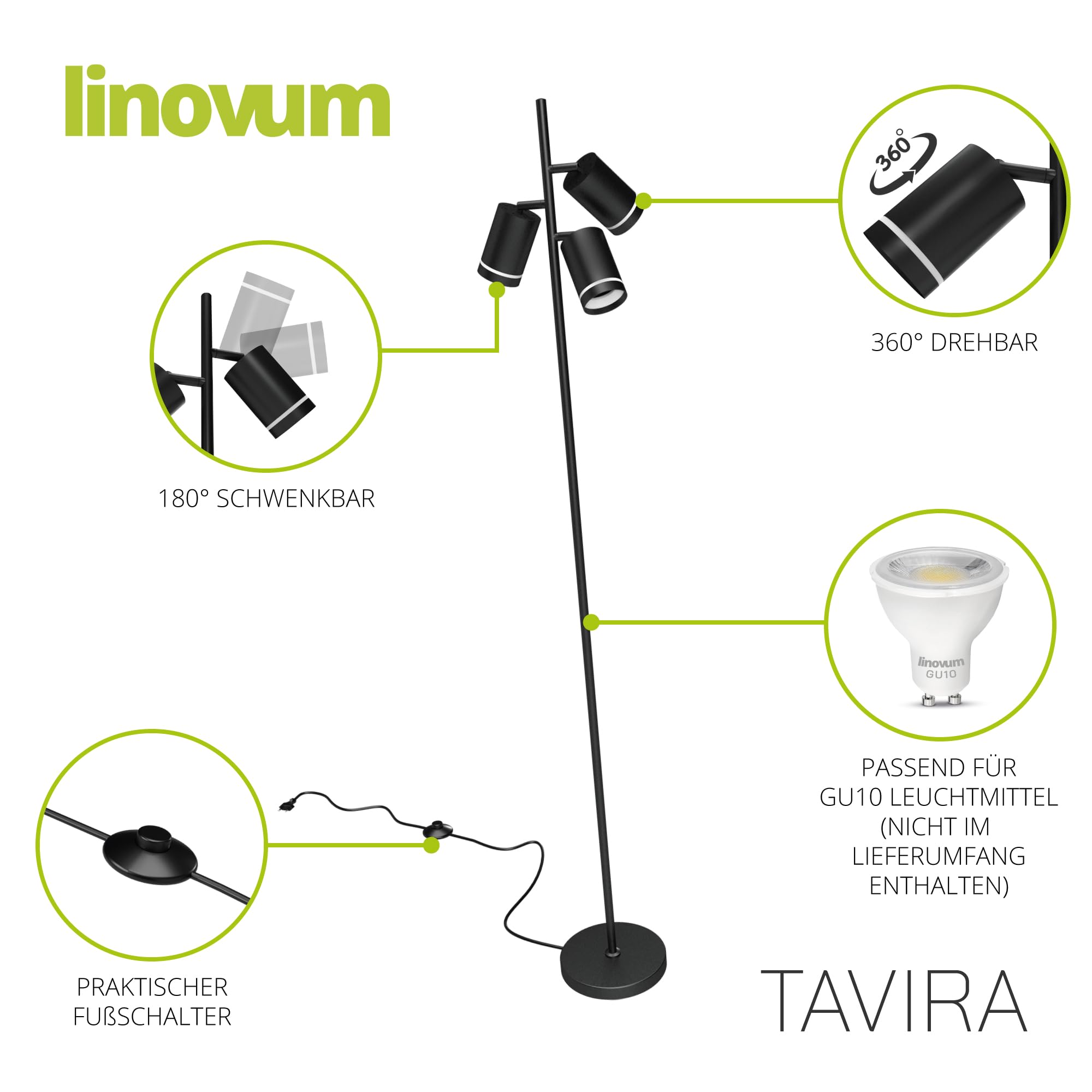 linovum TAVIRA Stehleuchte Wohnzimmer 3-flammig - moderne Standlampe schwarz drehbar mit Fußtaster für 3x GU10 Leuchtmittel