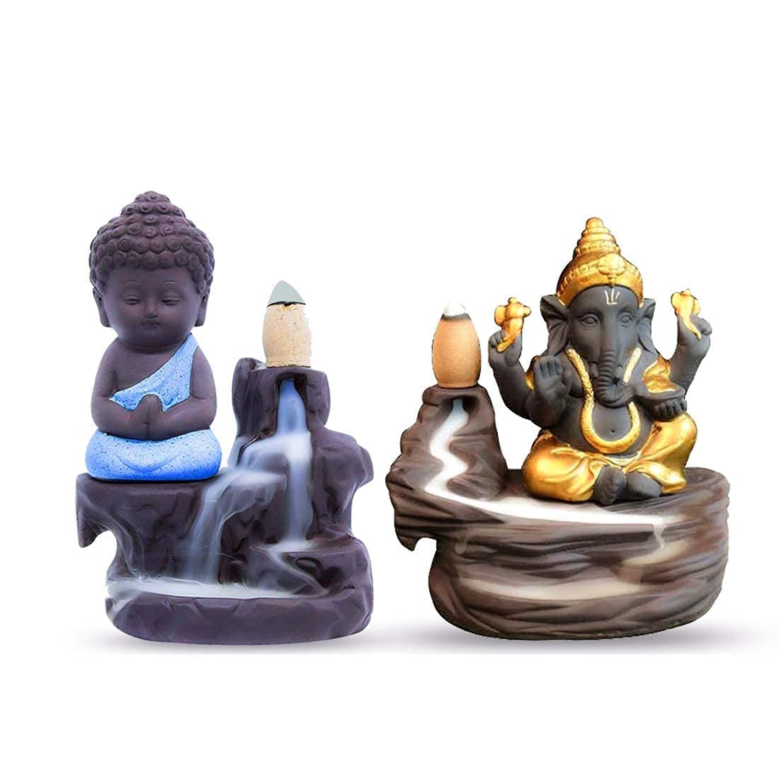 STARDOM MART Polyresin Smoke Fountain Backflow Waterfall Cone Incense Holder Showpiece Buddha Ganesha Combo Statue (Sky Blue & Gold)