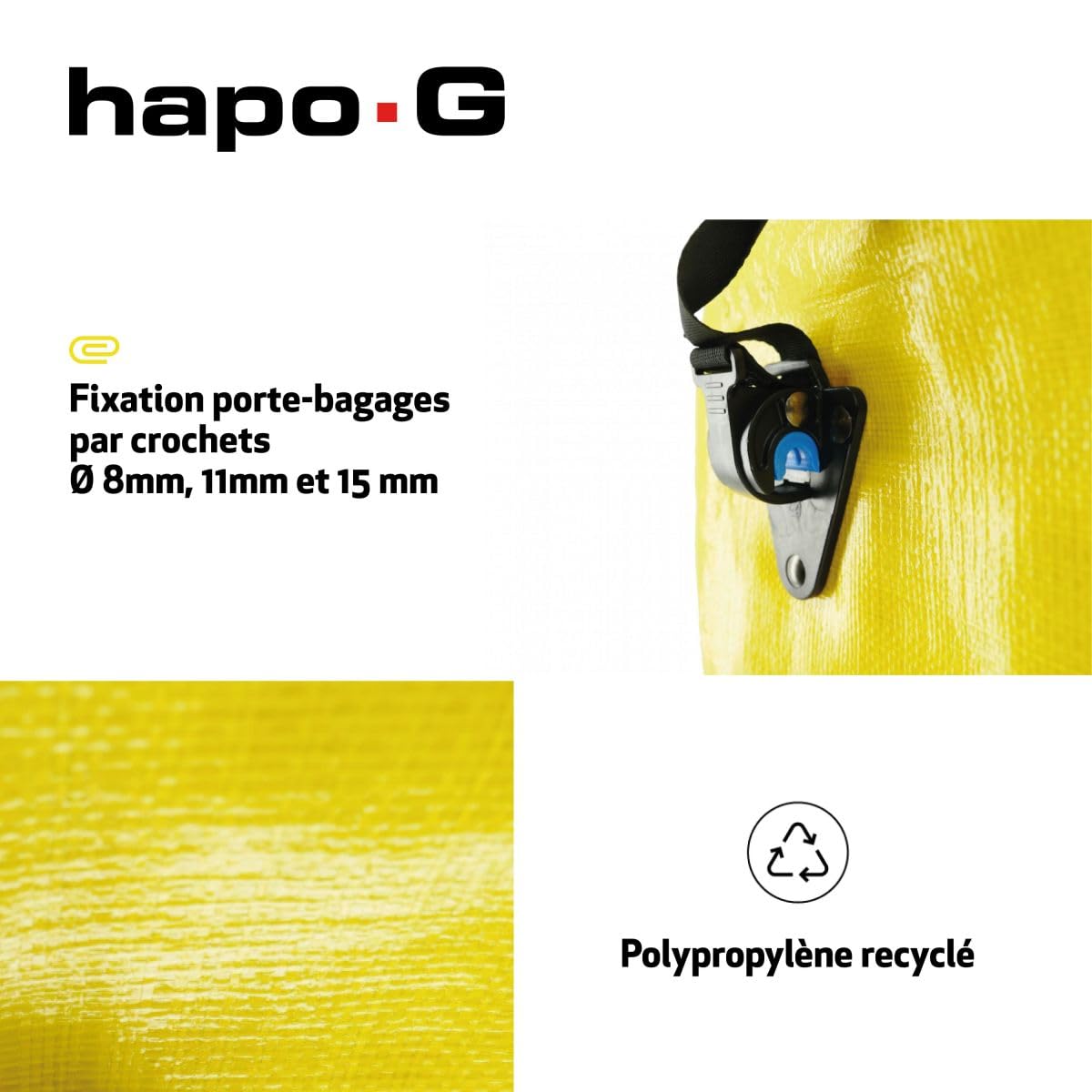 Hapo-G - Sacoche Arrière Vélo Jaune - Fixation Porte-Bagages - Polypropylène Recyclé - 17L - Anse de Portage - Compatible E-Bike - Crochets 8, 11, 15 mm - Dimensions 29x40x18 cm - Charge Max 5 kg