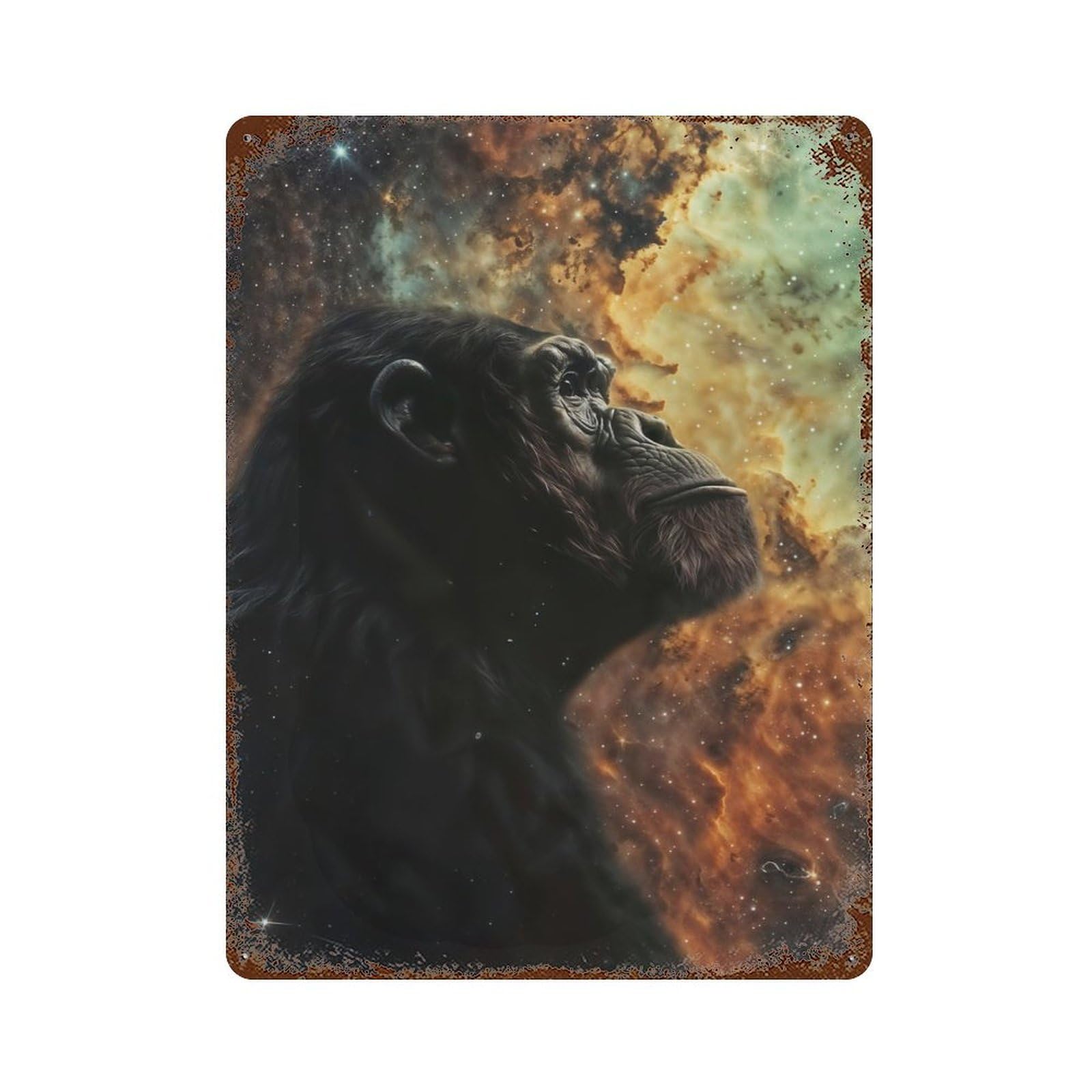 Cosmic Nebula Chimpanzee Distressed Metal Wall Sign 15.7"x11.8", Rustic Home Decor for Farmhouse, Kitchen And Entryway Decor
