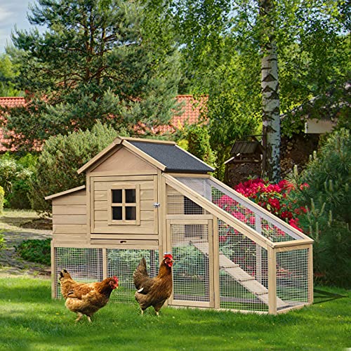 Image of PawHut 69 inch Wooden Chicken Coop, Poultry Cage Hen House with Connecting Ramp, Removable Tray, Ventilated Window and Nesting Box, Natural