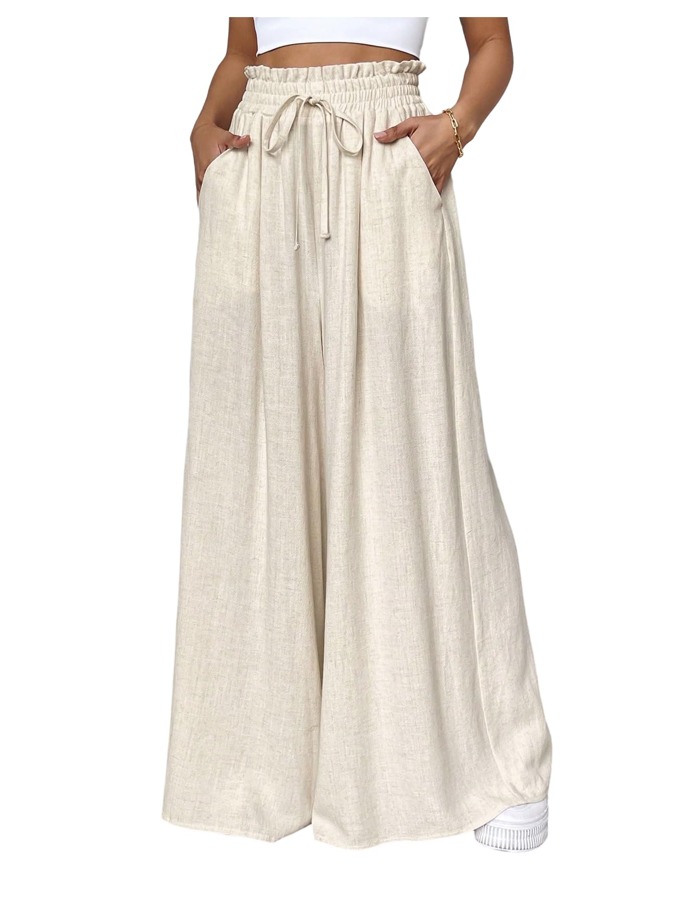 Womens Flowy Linen Pants Tie Front Elastic High Waisted Palazzo Pants Trousers with Pockets
