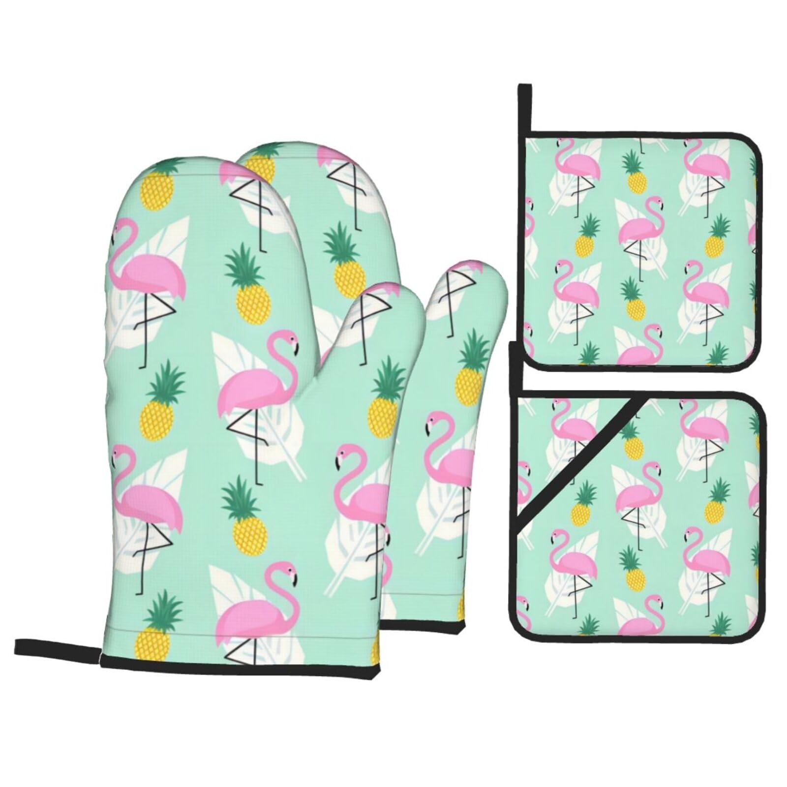 YYHHAOFA pink flamingo pineapples Prints Kitchen Baking Set with Heat Resistant Pot Holders & Oven Mitts - Waterproof Layer for Hot Dishes, Grill & Microwave