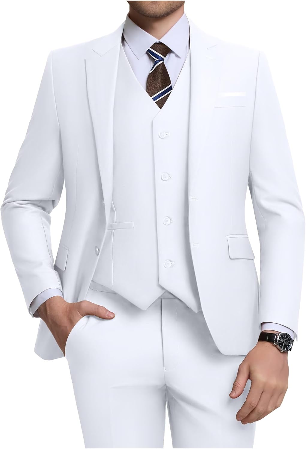 Men's 3 Piece Slim Fit Suit Set, Two Button Blazer Solid Jacket Vest Pants Wedding Business Suit