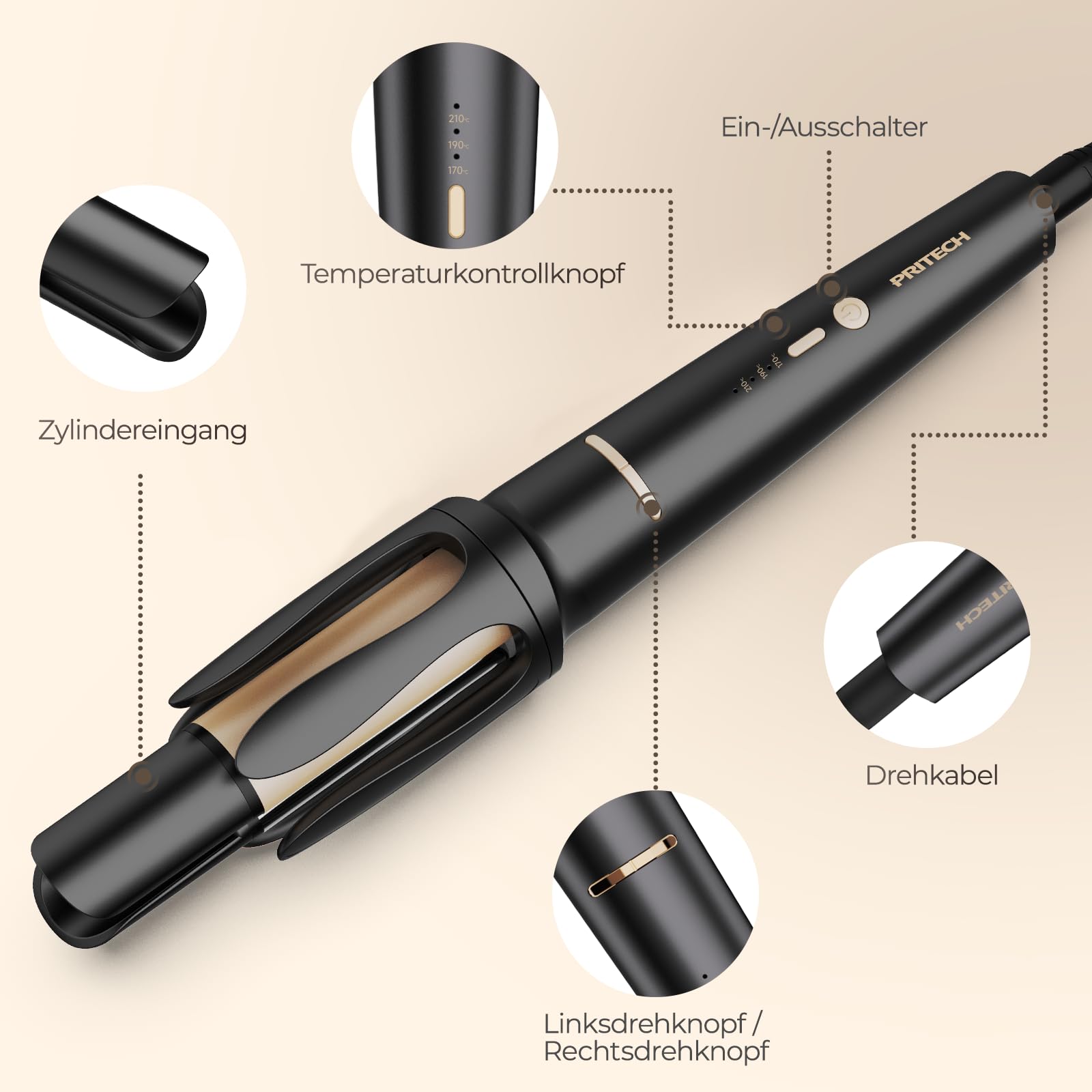 PRITECH Automatischer Lockenstab Welleneisen für Haare - 32mm Beach Waves Lockenstab 3 Temperaturen 170-210℃ Schwarzes Gold Welleneisen für Damen