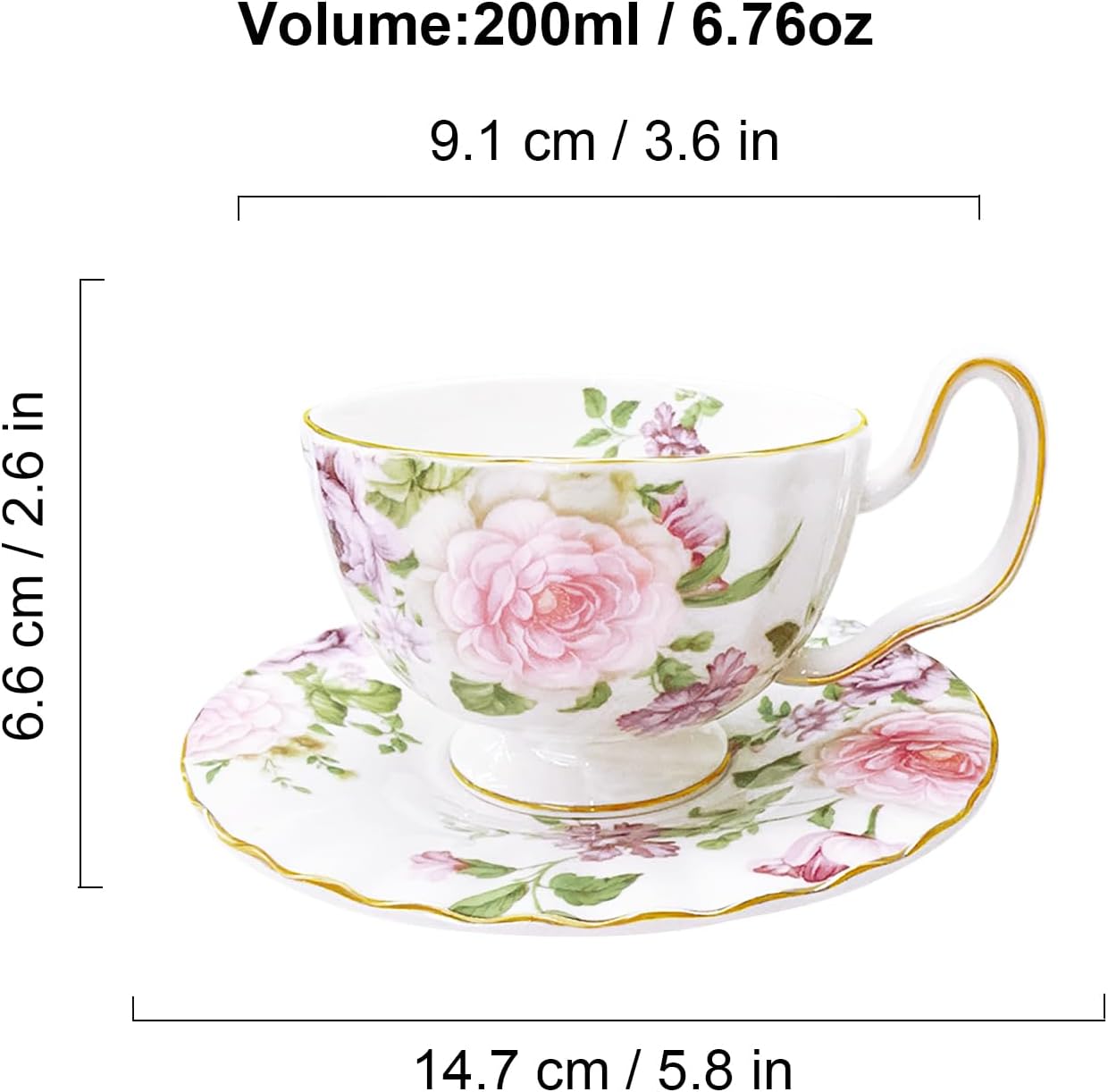 fanquare Porcelain Tea Cup and Saucer Set, Vintage Floral Coffee Mug, 5 Ounces Bone China Tea Cup with Gold Trim, Elegant British Tea Cups - Image 6