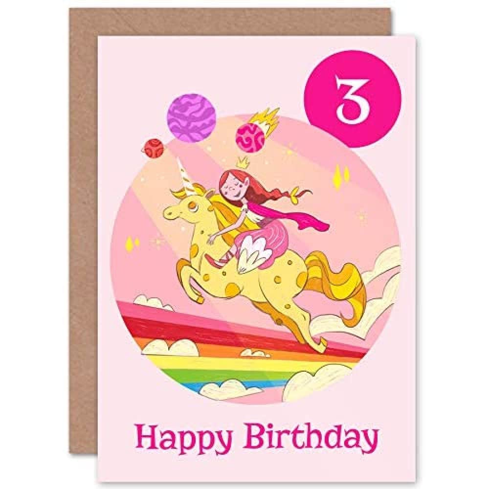 Artery8 Unicorn Princess Rainbow 3rd Birthday Greeting Card - Pink