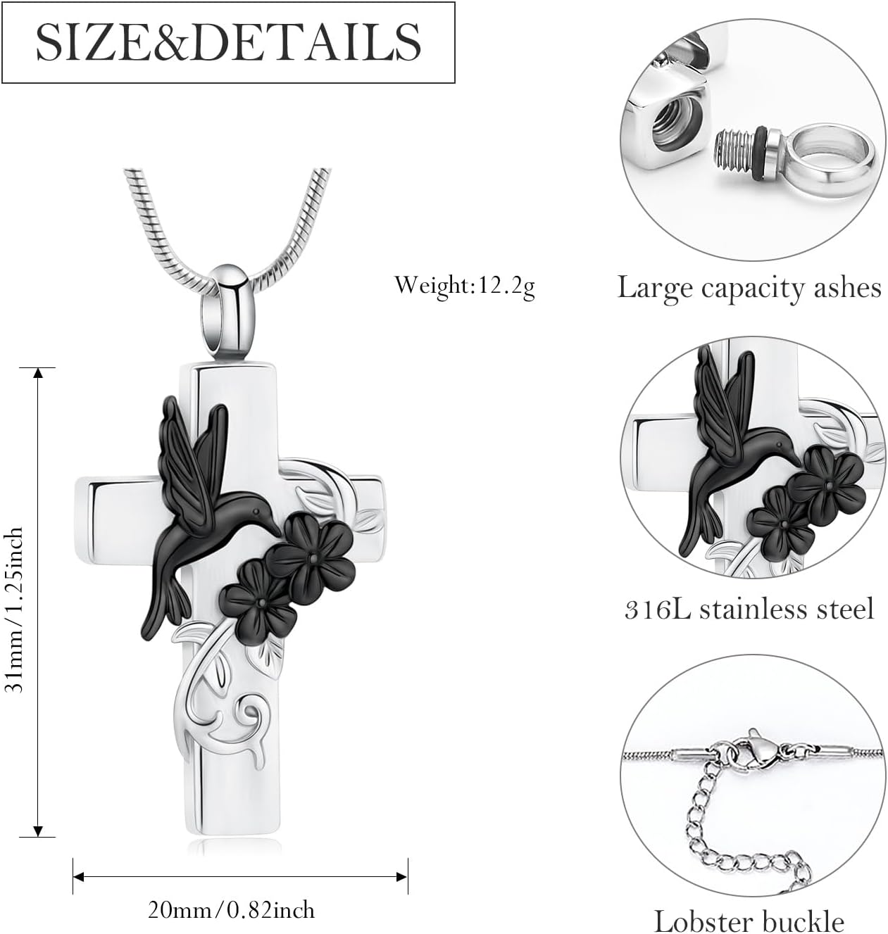 Hummingbird Cross Urn Necklace for Ashes Cremation Jewelry for Women Men Stainless Steel Memorial Necklaces Ash Holder for Human Pets Keepsake Jewelry for Loved Ones with Fill Tool - Image 2