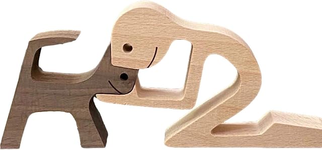 Wooden Dog Cat Family Statue, Handmade Wood Decoration, Natural Solid Wood Pet Dog Family Crafts Sculpture, Kitty and People Statue Sculpture Ornament Collectible Figurine Craft Arts for Home, Office