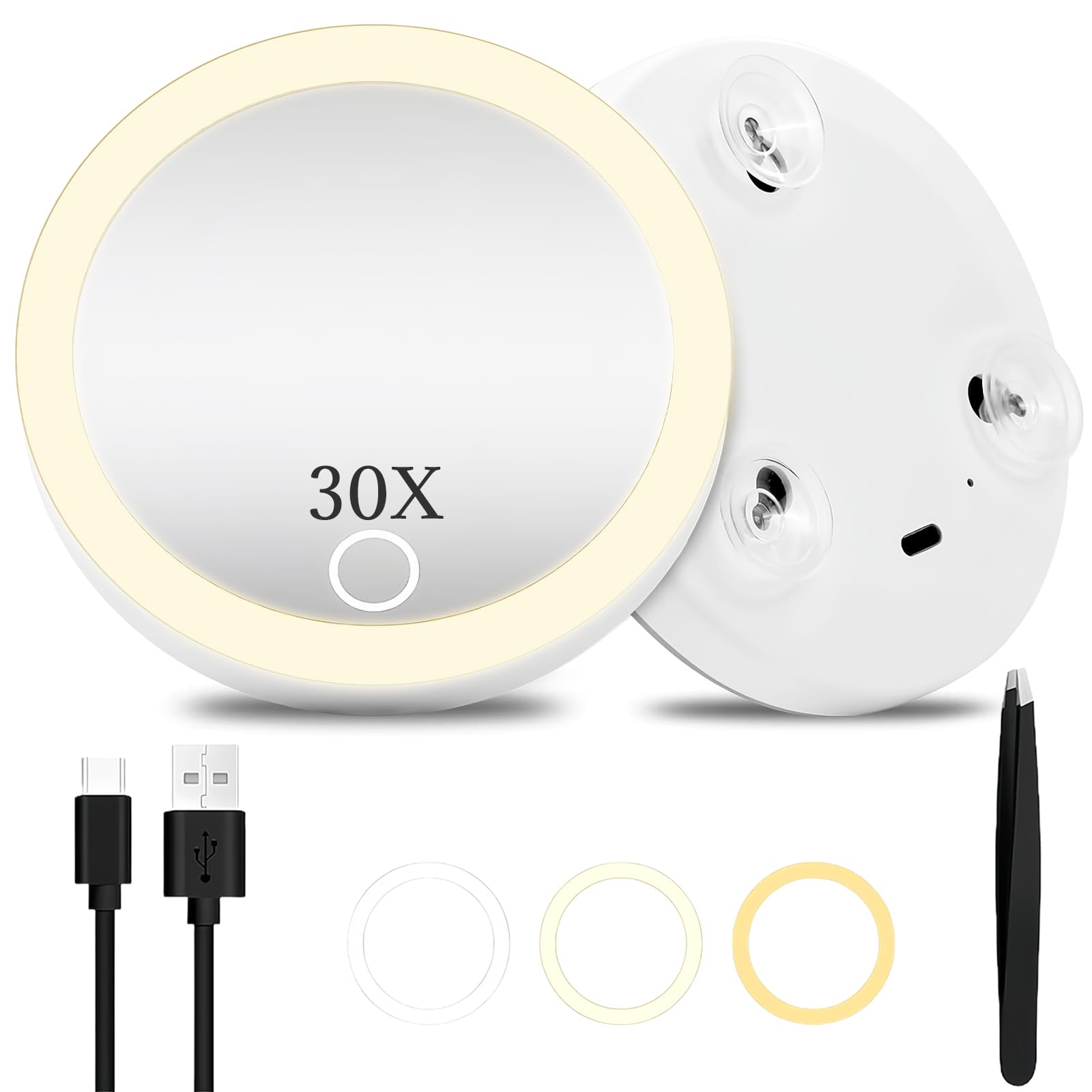 AMFUN 30X Magnifying Mirror, Magnifying Mirrors with Light, Small Magnifyed Mirrored with Suction Cup and Tweezers, Travel Makeup Mirroring with 3 Color Lights for Travel, Bathroom (White)