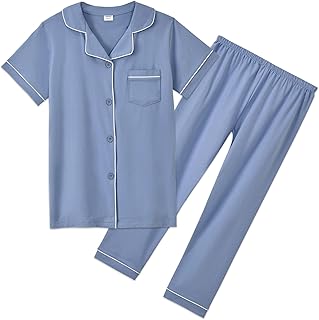 Unisex Kids Pajamas Set Cotton Short Sleeve Sleepwear Button-Down and Pant Set for 5-13y