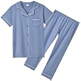 Aablexema Unisex Kids Pajamas Set Cotton Short Sleeve Sleepwear Button-Down and Pant Set for 5-13y